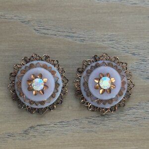 Vintage Clip-On Earrings Rhinestone Center Copper Color Filigree Metal Design
